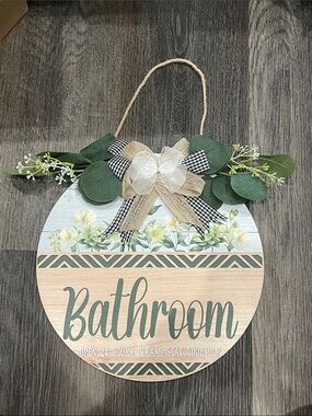New Bathroom Round Hanging Sign with Greenery and Bow